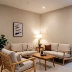 Sofa minimalis di ruang tamu dengan meja kayu dan dekorasi sederhana