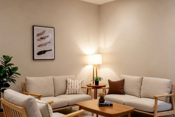 Sofa minimalis di ruang tamu dengan meja kayu dan dekorasi sederhana