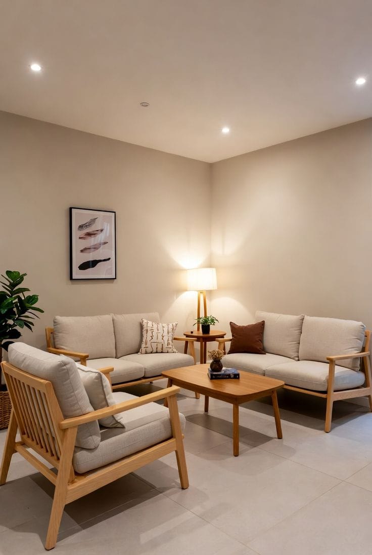 Sofa minimalis di ruang tamu dengan meja kayu dan dekorasi sederhana