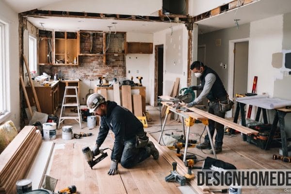 Proses renovasi rumah dengan pekerja memasang material interior