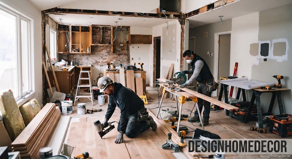 Proses renovasi rumah dengan pekerja memasang material interior
