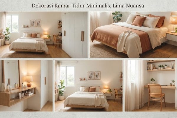 Kamar tidur minimalis dengan tempat tidur dan dekorasi kayu