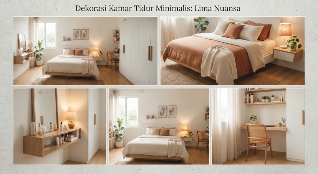 Kamar tidur minimalis dengan tempat tidur dan dekorasi kayu