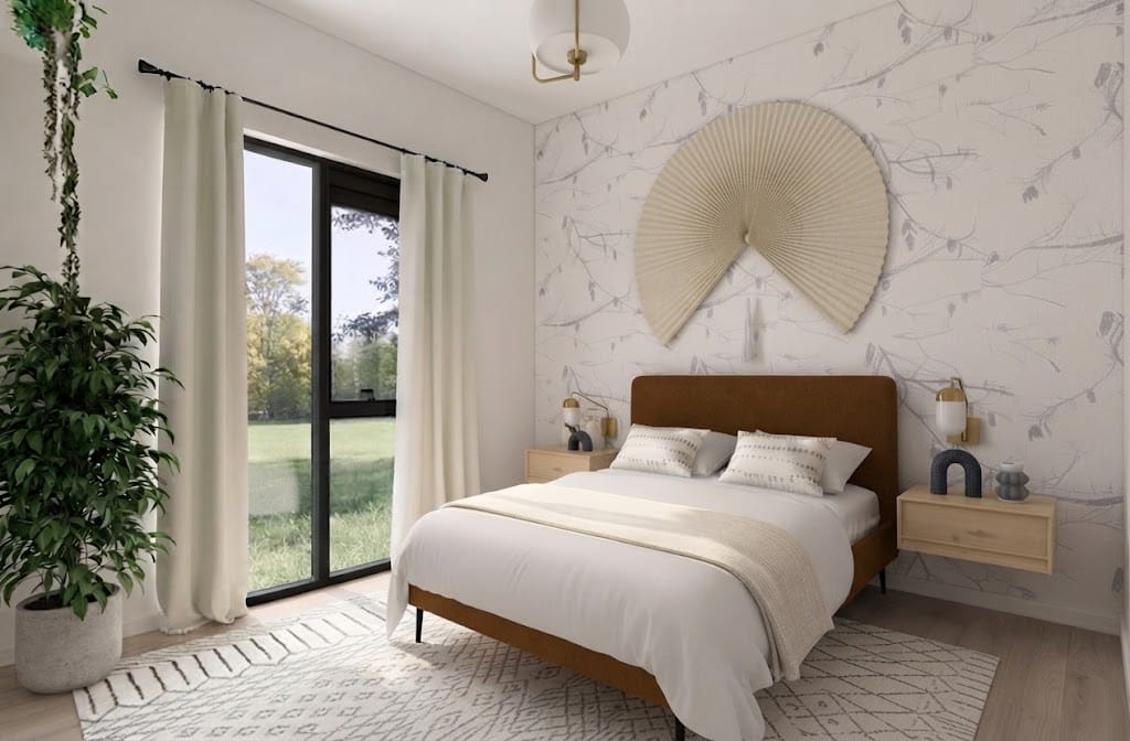 Kamar tidur minimalis dengan dekorasi netral dan cahaya alami