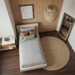 Dekorasi kamar sempit dengan tempat tidur single dan furnitur minimalis