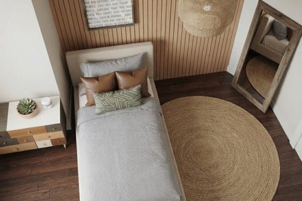 Dekorasi kamar sempit dengan tempat tidur single dan furnitur minimalis