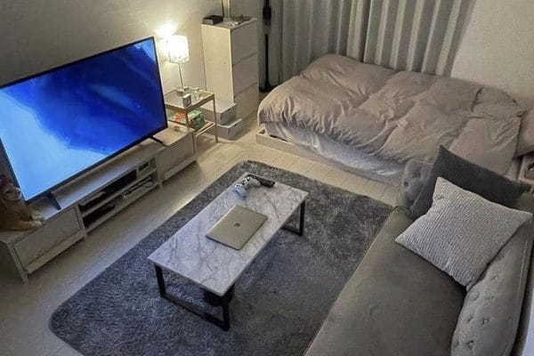 Ruang tamu minimalis dengan sofa abu-abu dan televisi