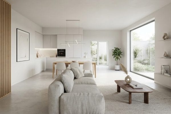 Interior rumah minimalis modern dengan ruang tamu yang terang