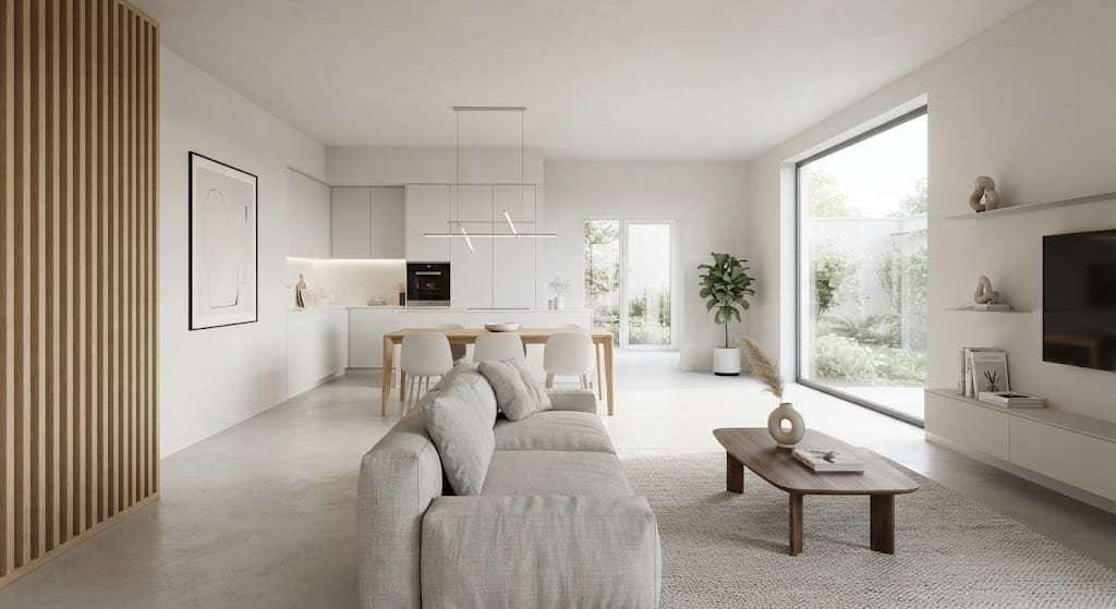Interior rumah minimalis modern dengan ruang tamu yang terang