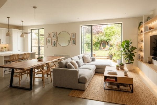 Ruang tamu dan ruang makan rumah modern dengan dekorasi minimalis