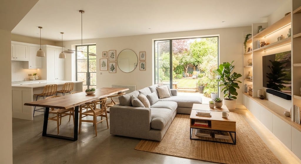 Ruang tamu dan ruang makan rumah modern dengan dekorasi minimalis